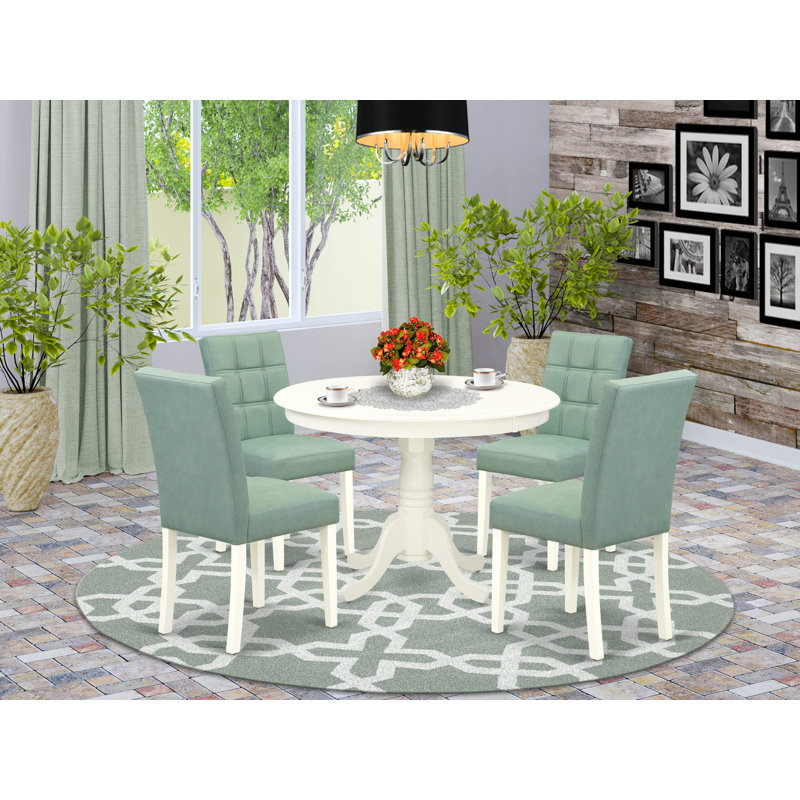 5 Piece Dining Room Table Set contain A Modern Kitchen Table and Willow Green Polyester Fabric 4 Modern Chairs, Linen White