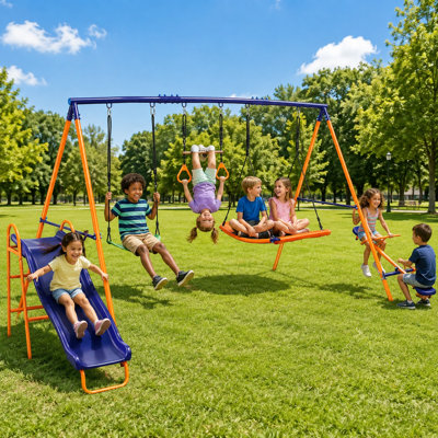 Ensemble de terrain de jeu extérieur 5 en 1 avec capacité de 700 lb, balançoire à soucoupe, glissade et barre de trapèze pour les enfants de 3 à 12 ans