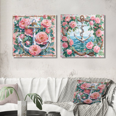 Pink Green Vintage Anchor Roses Collage I - Coastal Wall Art - Nautical Wall Art Decor Set 2 Piece