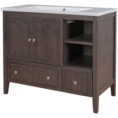Meuble-lavabo 36 po avec lavabo en céramique, armoire de rangement pour salle de bain avec deux portes et tiroirs, structure solide, poignées en métal