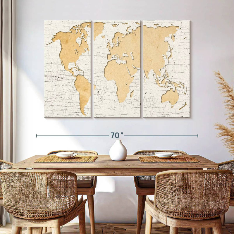 «World Map Beige World Map», reproduction sur toile 3 pièces par Jorge S, H 42 po x l 65 po x P 1,25 po