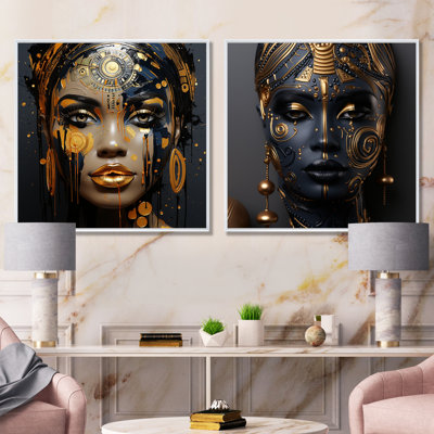 Black And Gold Expressive Tribes African Woman I - Woman Wall Art Prints Set Of 2