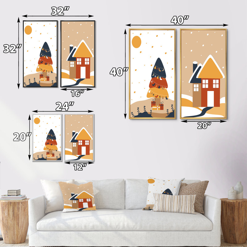 «Christimas Scene in Retro Colors I», ensemble de 2 impressions, H 40 po x l 40 po x P 1,5 po, Cadre brun