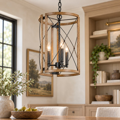 Geesa Howington 3-Light Dimmable Modern Farmhouse  Chandelier with Cylinder Cage in Faux Wood 