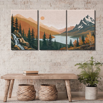 Automne, lac, chute d'eau, pin, paysage rétro, impression sur toile 3PC (1)