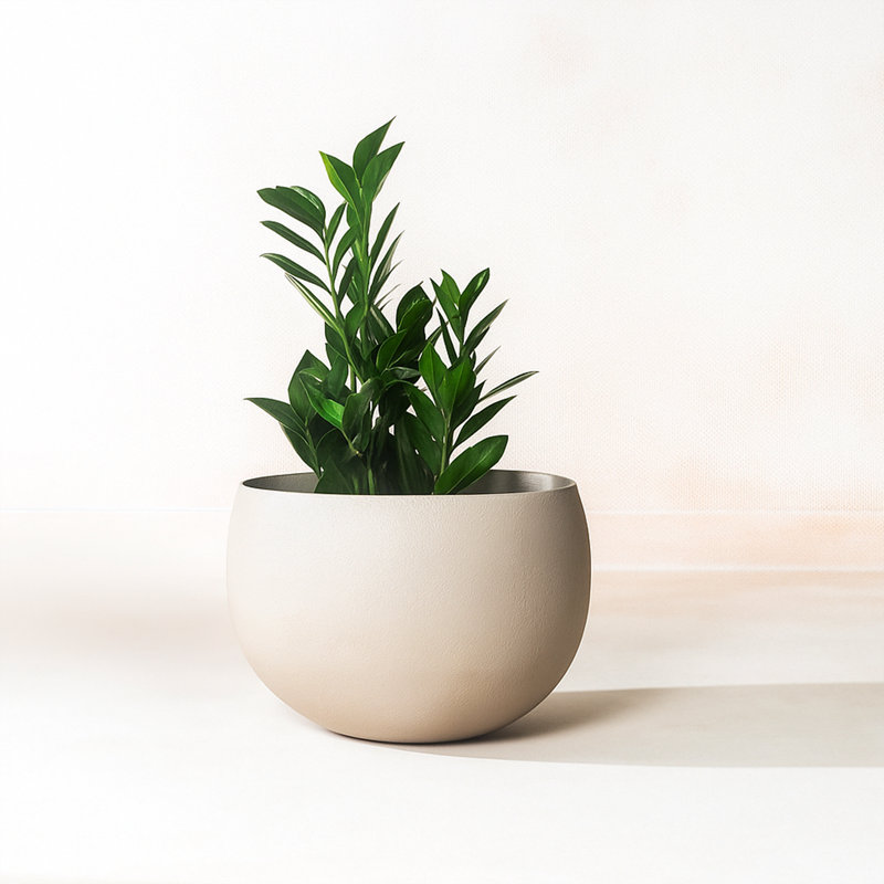 Handmade Eden Round Indoor / Outdoor Metal Planter with drainage, Medium, Beige