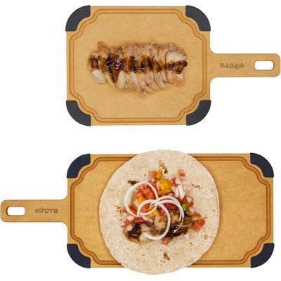 Elihome Paddle Series 2-In-1 Cutting & Serving Board Set With Handle, Juice Groove, Dishwasher Safe, Non-Slip Feet, Reversible, Wood Fibre Composite, Eco-Friendly, Non-Porous,BPA Free, 2Pcs Set