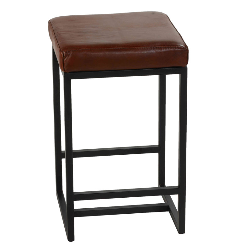 Cognac Brown Leather Backless Counter Stool with Metal Frame