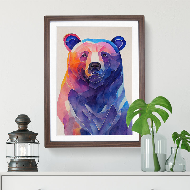 Bear Painting No.1 Abstract - Wall Art, 48cm H x 36cm W x 2cm D, White, Walnut Framed Paper