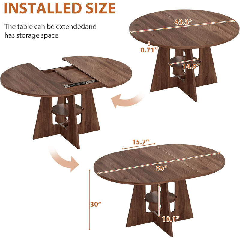 Table de salle à manger extensible pour 8 personnes, table de cuisine extensible peu encombrante, table de salle à manger ronde avec rangement caché, table de salle à manger avec plateau en bois massif épaissi, noyer