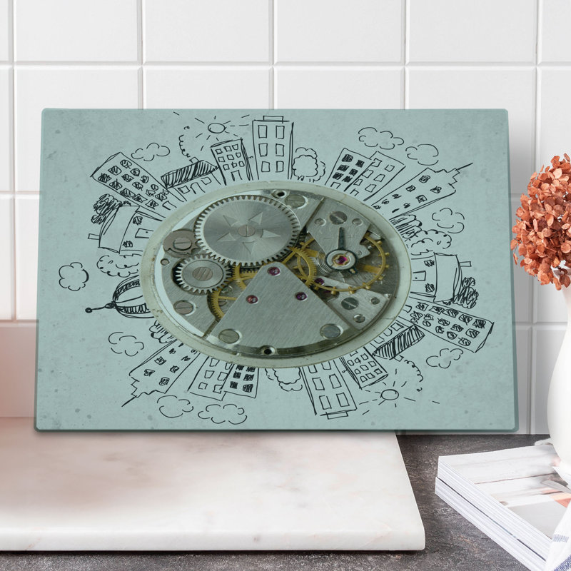 Ambesonne Modern Cutting Board Large Size Alarm Clock with Clouds Pale Grey
