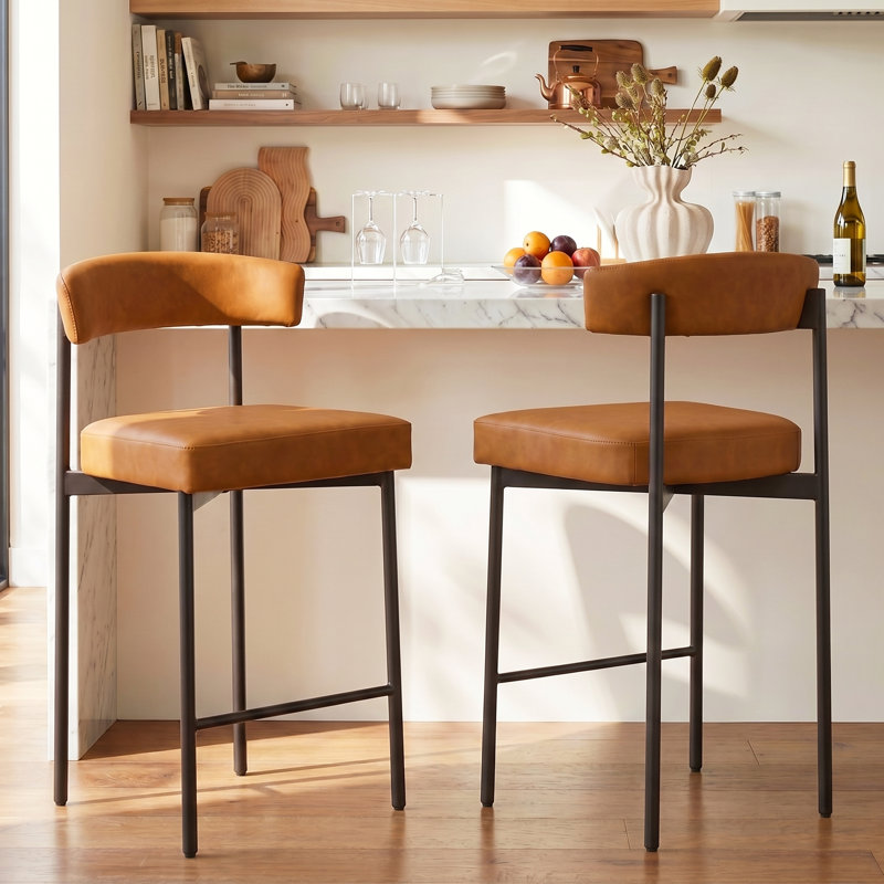 Brown Modern Bar Stools Set of 2, 24 Inch Faux Leather Counter Stools with Curved Backrest, Counter Height Bar Stool for Kitchen Island