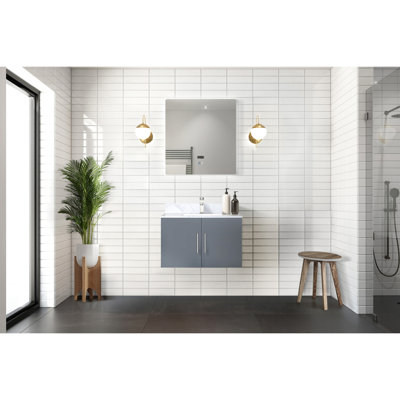 Meuble-lavabo gris foncé 30 po, comptoir en marbre, robinet inclus, po Miroir à DEL - plateau de style égratignure et teinture, teinture - élégant