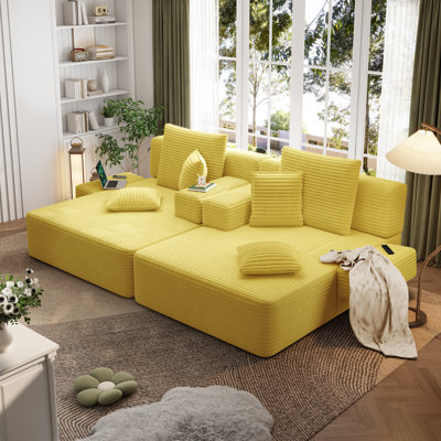 Oversized Double Plush Corduroy Chaise Lounge Sofa Bed,Convertible Sleeper Couch Bed w/ Storage Pockets,Soft Pillows,Multi-Functional Frameless Sofa Couch for Apartment,Home Theater,Dorm