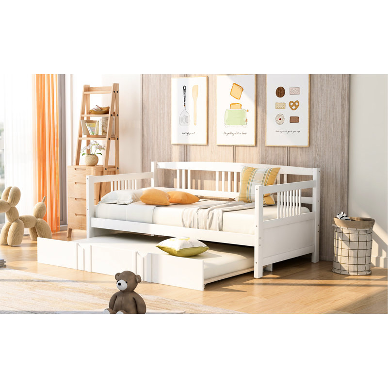 Daybed With Twin Trundle In White, Pine Wood For Functional Living Room And Bedroom Size Trundle, Strong Spaces