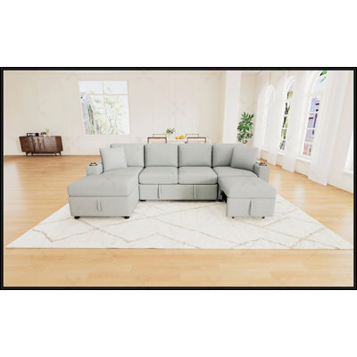 Canapé modulaire convertible avec lit escamotable, repose-pieds de rangement mobile et ports de chargement USB pour une vie moderne