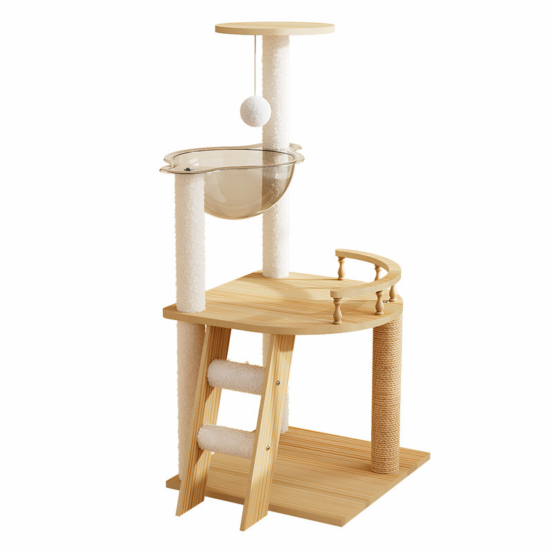 Arbre à chat de 41,3 po en bois massif, poteaux à griffer en sisal + perchoir, hamac en acrylique, parfait pour les petits et grands chats d'intérieur