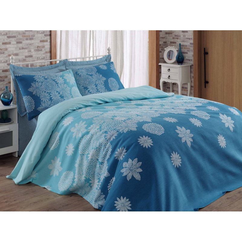 Couvre-lit 100% coton Lakeway, Couvre-lit double, Turquoise / bleu / blanc