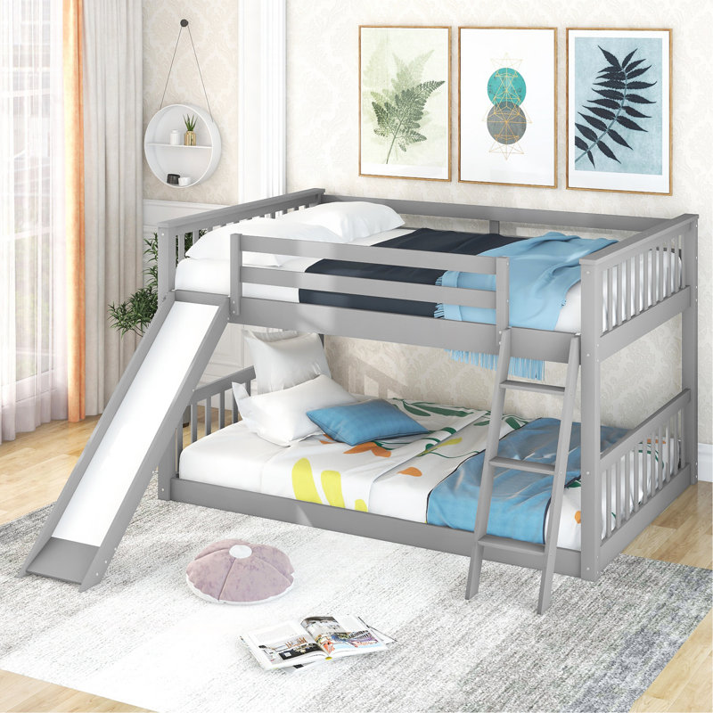Lit superposé double au-dessus de double avec glissière et échelle convertibles, gris, Lit superposé double sur double