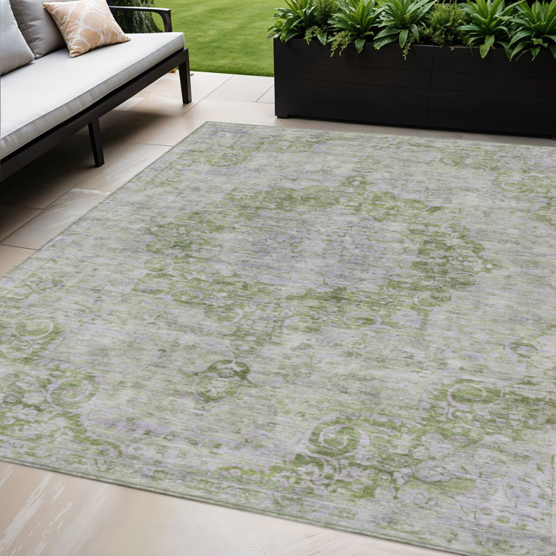 Tapis extérieur lavable à médaillon floral vert olive 5 pi x 8 pi