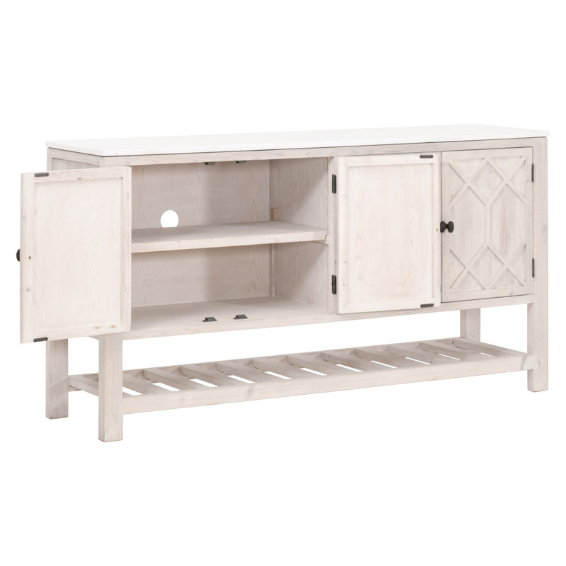Buffet Shunta Media avec 2 armoires et plateau en quartz, blanc