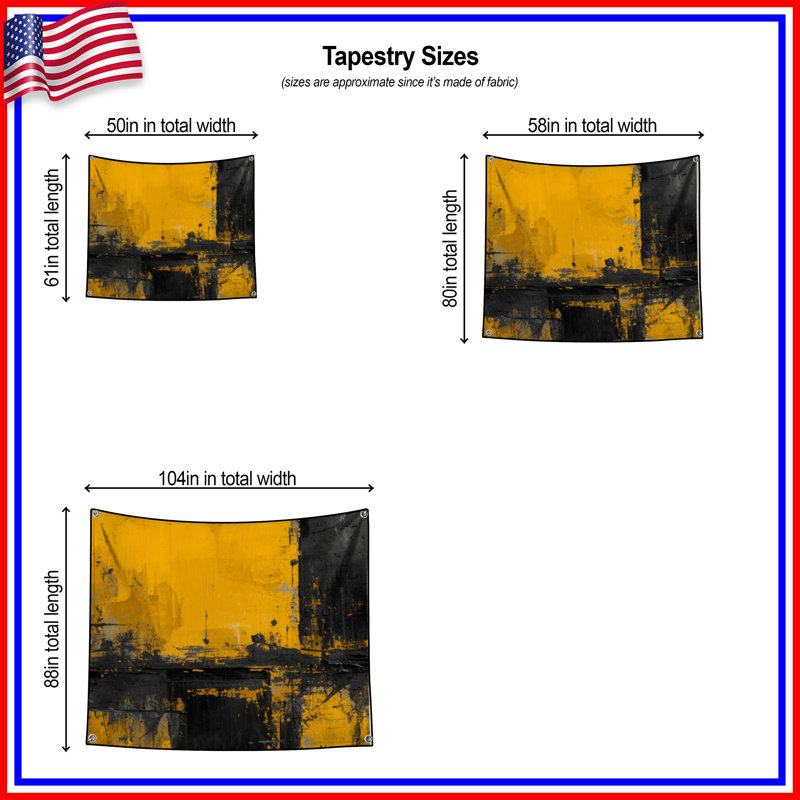Tapisserie murale peinture abstraite jaune noir - Décoration murale abstraite, H 50 po x l 60 po avec 4 œillets