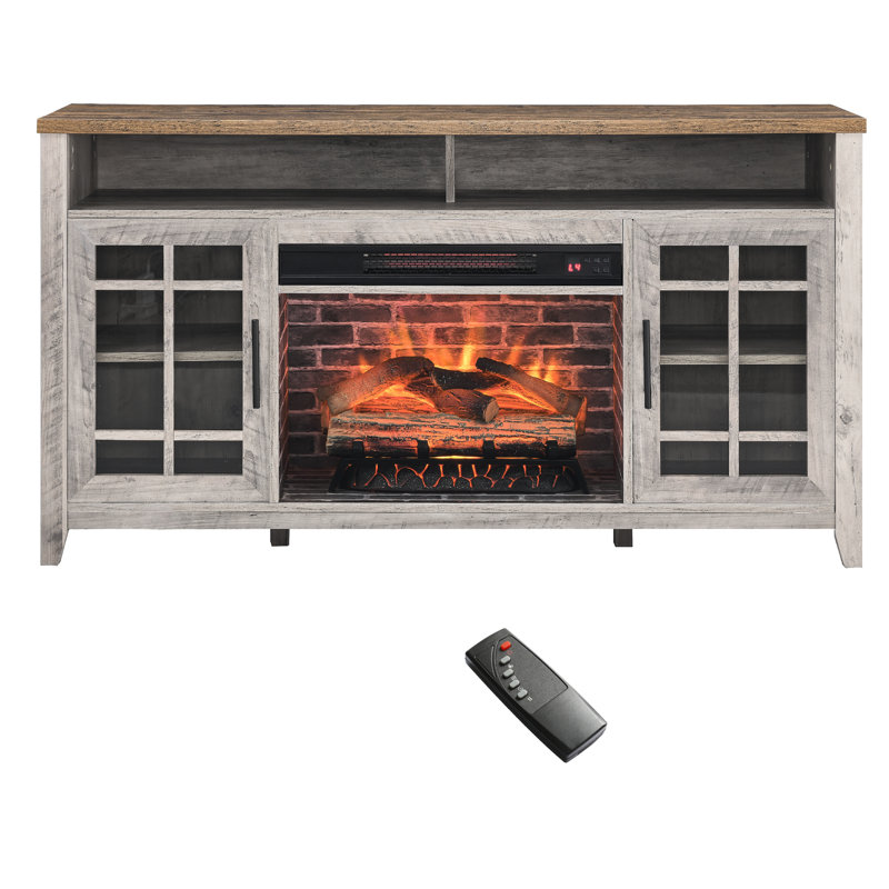 Meuble télé 55 po avec foyer électrique. Débit de chaleur de 1500 W, gris délavé. Effet de flamme réaliste. Double protection. Chauffe-câbles, maintient le confort de la pièce. 21 Design pour économiser de l'espace.