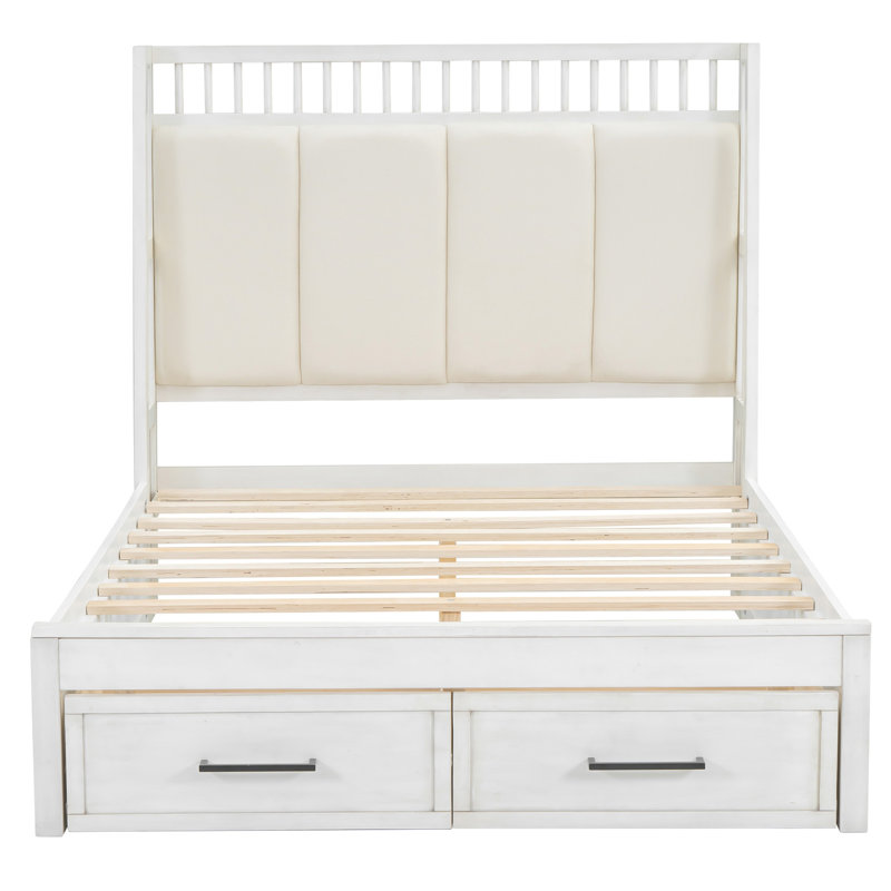 Bed With Upholstered Headboard And 2 Drawers, Full / Double, White