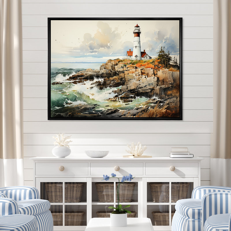 «Coastal Light House Minimal Landscape I», reproduction sur toile, Cadre flottant noir, H 34 po x l 44 po x P 1,5 po