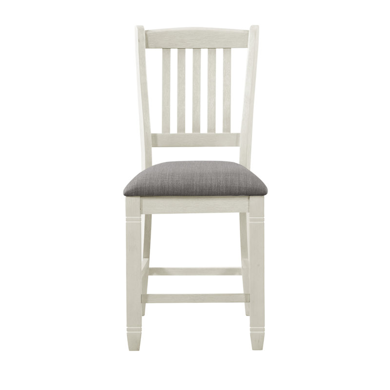 Chaises à hauteur de comptoir antique au fini blanc antique 2 pièces, tissu gris texturé, chaises à structure en bois 2 pièces, revêtement en tissu, fabrication solide