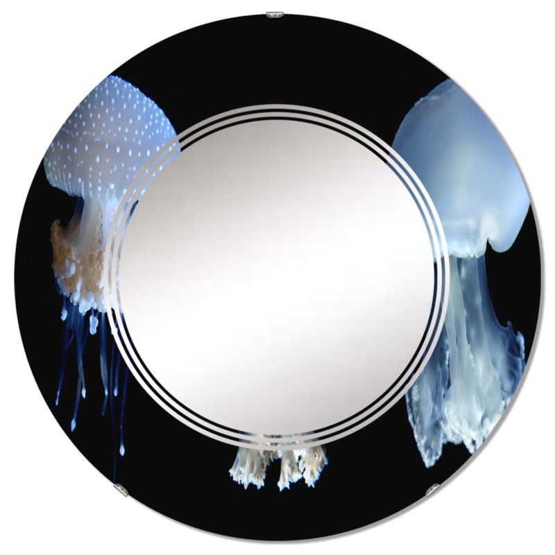 Trois méduse sur fond noir - miroir mural nautique et côtier, 32 po x 32 po