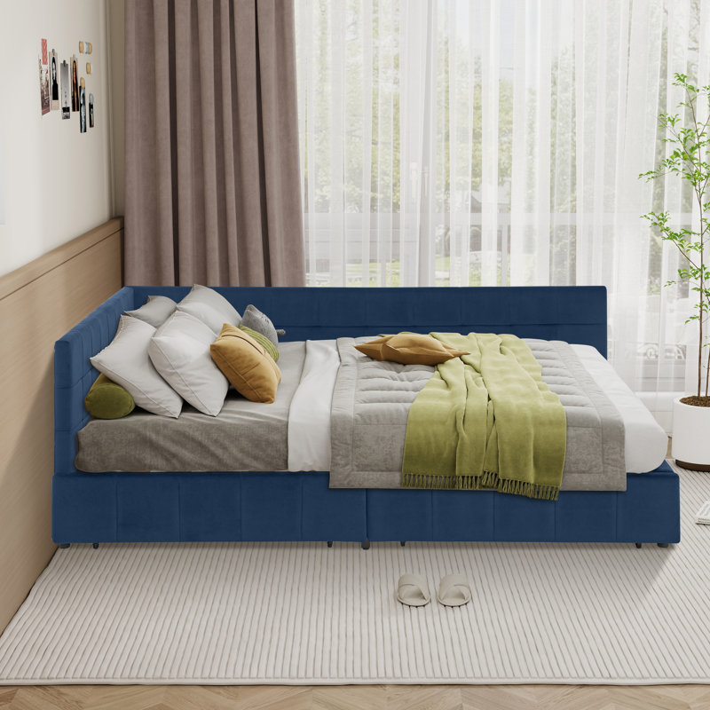 Modern Queen Size Storage Upholstered Tufted Bed Frame,sofa Bed Frame With Comfortable Backrest And Armrests, Dark Blue
