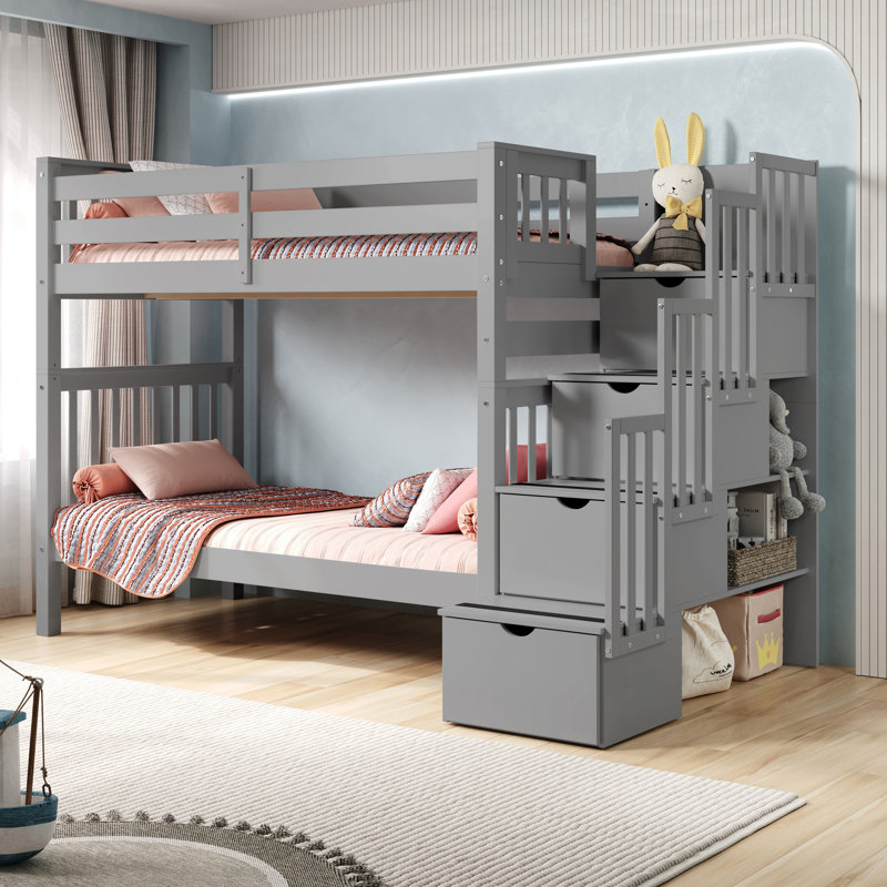 Tena Tall Solid Wood Standard Stairway Bunk Beds Twin over Twin, 4 Drawers in the Steps, Gray, Gray, Twin over Twin