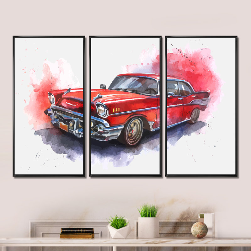«Old-Fashioned Red Car - Industrial», ensemble d'art mural encadré sur toile, Noir, H 28 po x l 36 po x P 1 po