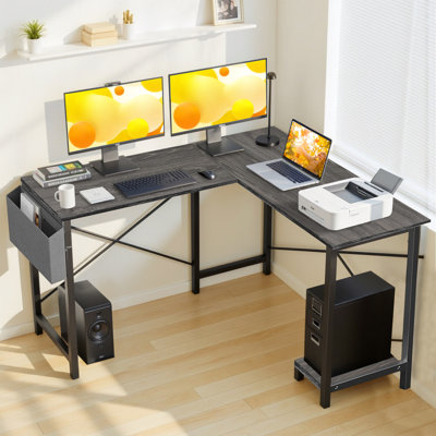 Modern 50 In. L Shaped White Wood Reversible Computer Desk Corner PC Gaming Table With Side Storage Bag And Shelf