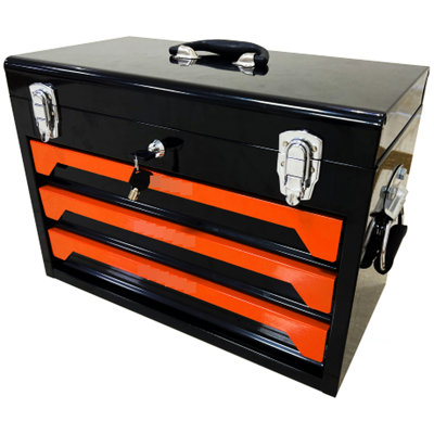 Portable Metal Toolbox With Robust Build - For Garage, Home, Workbench, Black&Orange 3 Construction, Key Lock