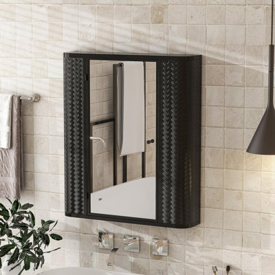 Armoire de salle de bain murale avec miroir, armoire à pharmacie avec porte en miroir en métal, 2 tablettes intérieures pour le rangement, style maison de campagne moderne, rangement pour toilette ou coiffeuse