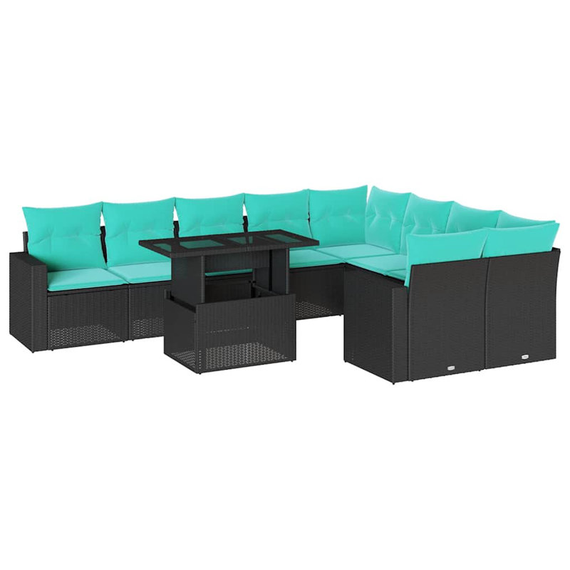 Ensemble de canapé de patio 10 pièces avec coussins en rotin de polyester, Bleu clair, Noir