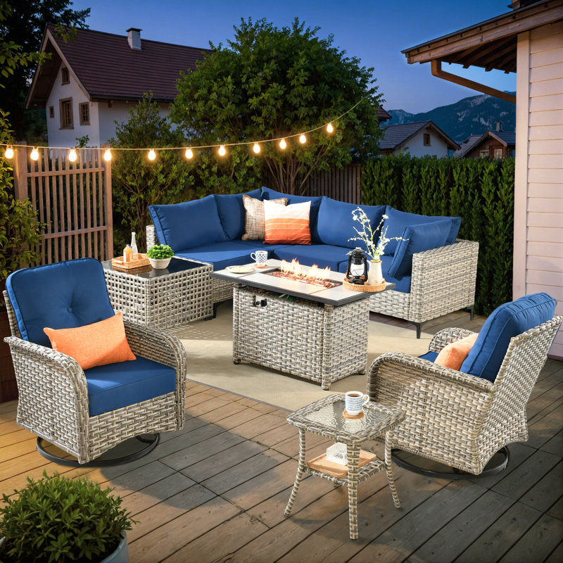 Emroy 6 - Person Outdoor Wicker Sectional Seating with Swivel Chairs, Modern Modular Rattan Conversation Set with Cushions