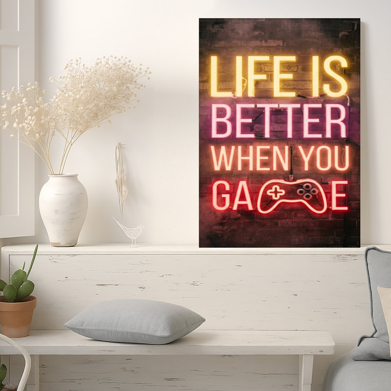 Neon Life Is Better When You Game Sign On Brick Wall Canvas Wall Art, 40"H x 28"W