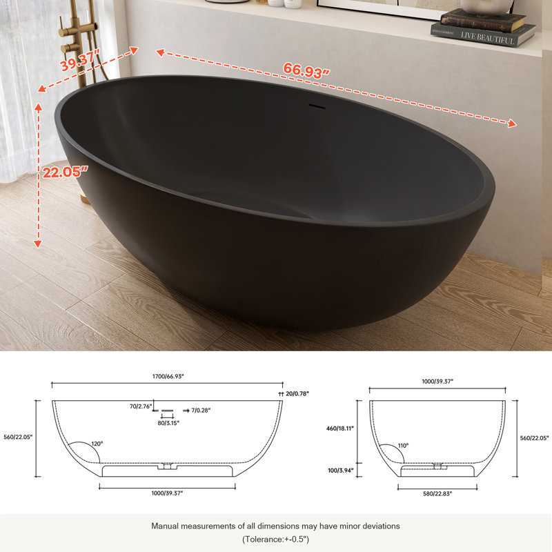 67" Freestanding Solid Surface Soaking Oval Bathtub, Matte Black