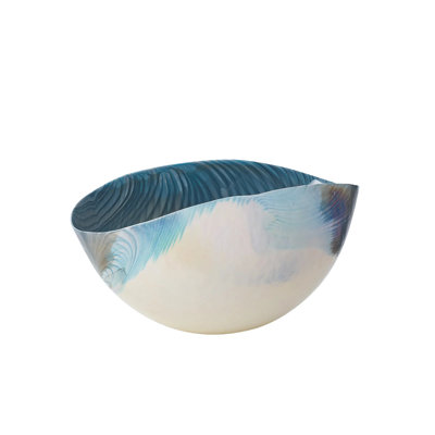 Ivory Turquoise Feather Swirl Oval Bowl-Lg