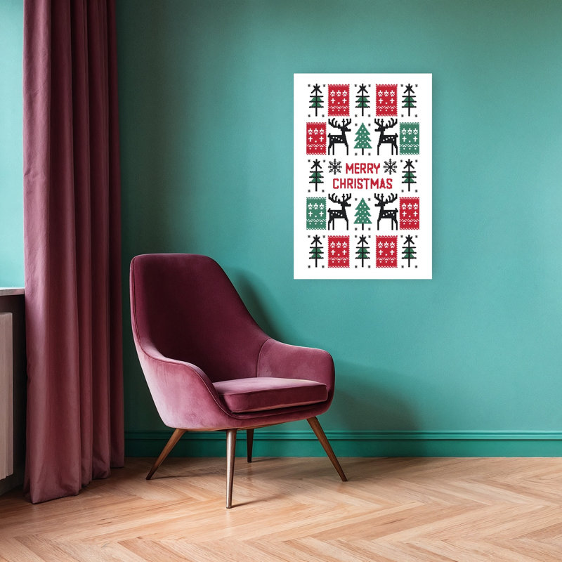 Merry Christmas Pixel Pattern Retro Abstract Christmas Tree Deer Winter Landscape Wall Art Print 1 Piece Wrapped Canvas Wall Art