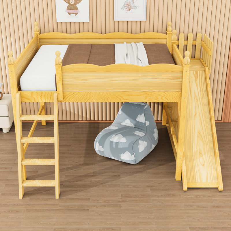 Lit mezzanine en bois avec tablettes, toboggan et échelle, Grand, Naturel