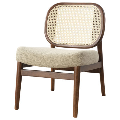 Necy Accent Chair, Rattan Cane Woven Back, Camel Brown Upholstered Seat