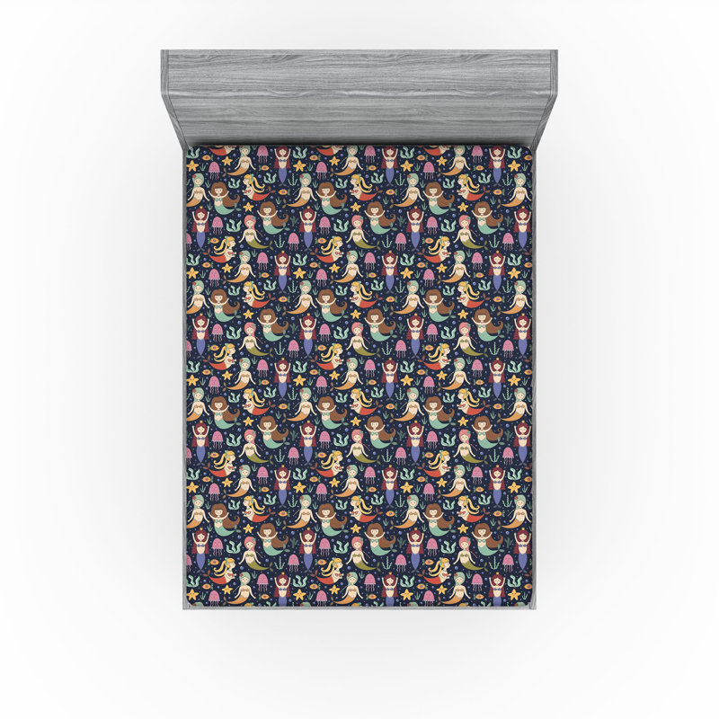 Ambesonne Mermaid Fitted Sheet 2-Pack Girls with Colourful Tails Multicolor, Queen Fitted Sheet