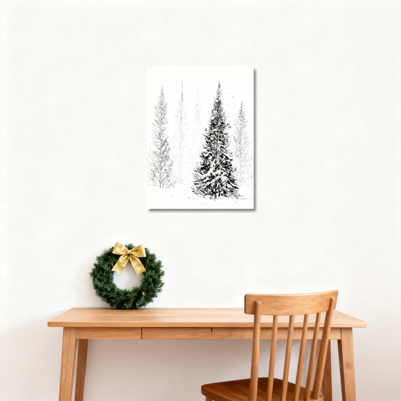 Hiver, forêt, pin, noir et blanc, art mural sur toile tendue, ensemble de 1, H 20 po x l 30 po