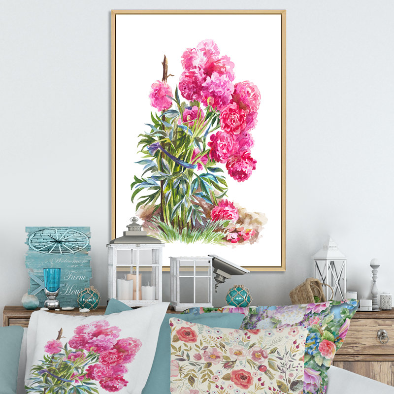 Pivoines roses en fleurs - Décoration murale traditionnelle sur toile, H 20 po x l 12 po x P 1 po, Cadre naturel flottant