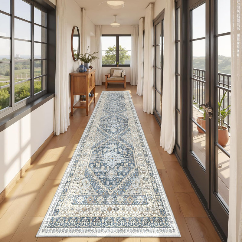 Kitchen Runner Rug Non Slip Washable, 2' x 10' (Runner), Blue/Beige