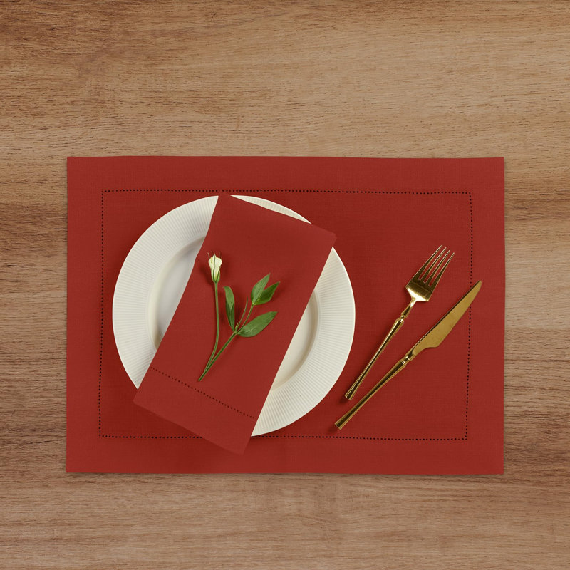 Medium Weight Hemstitch - 100% Pure Linen Dinner Napkins, Cherry